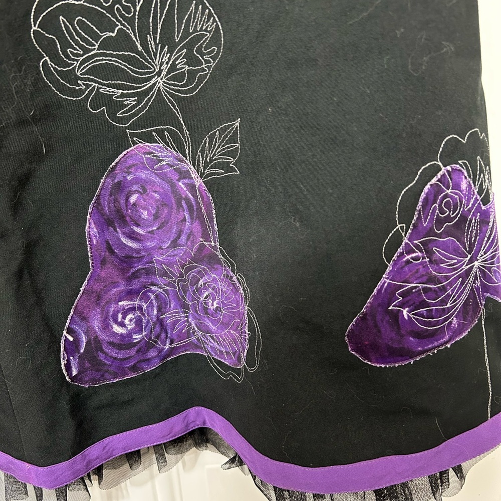Black A-Line Skirt with Purple Rose Embroidery - Picture 2 of 8
